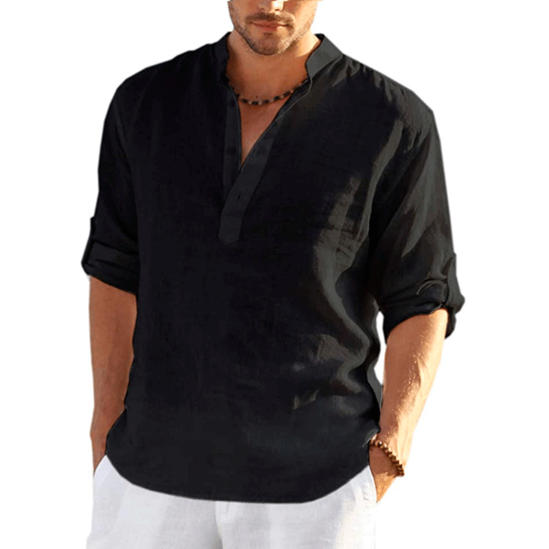 Men's New linen long-sleeved T-shirt loose undershirt solid color long-sleeved cotton and linen shirt_voghion.com