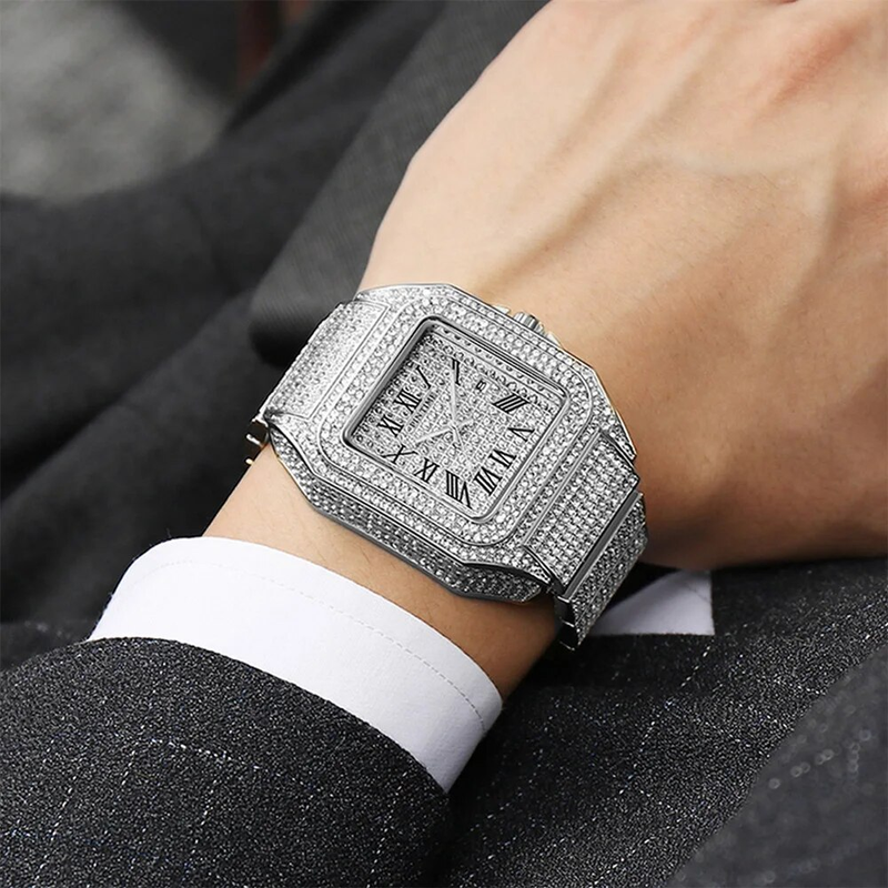 Reloj de cuarzo para hombre Hip Hop Bling Iced Diamond Square, resistente al agua, calendario, acero inoxidable, 30 metros_voghion.com