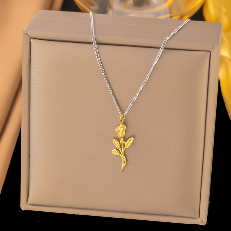 Rose Necklace, Simple Sweet Style Versatile Pendant, Collarbone Chain, Titanium Steel Material, Versatile, Trendy And_voghion.com