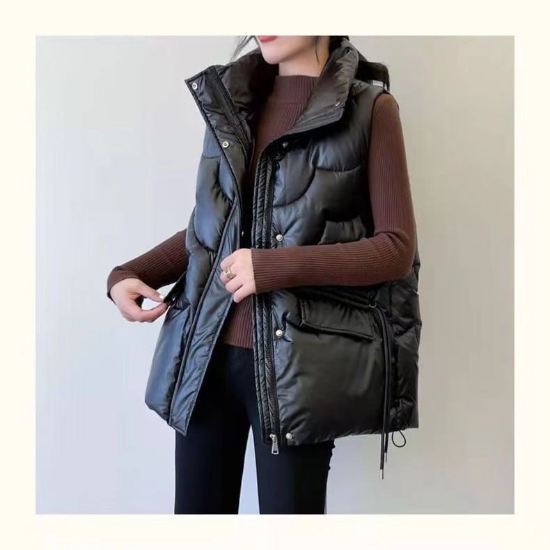 Gilet trapuntato leggero da donna, giacca senza maniche con collo alto, capospalla casual in stile coreano, nero e champagne_voghion.com
