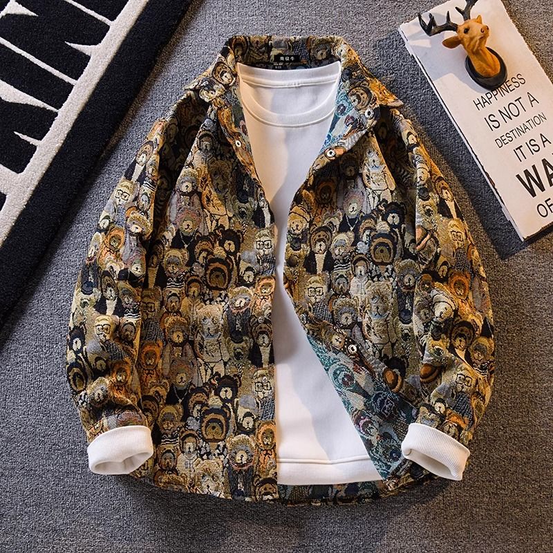 Langarmhemd für Herren mit Retro-Bär-Stickerei – Stilvolles, locker sitzendes Freizeitoberteil mit einzigartigem Vintage-Design_voghion.com