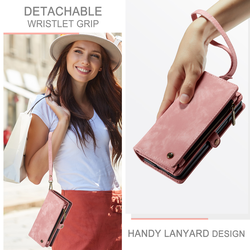 Zipper Pocket Wallet Case for Samsung Galaxy Z Fold 5 with S Pen Holder Vintage Vegan Leather Wrist Strap Magnetic Stand Cover_voghion.com
