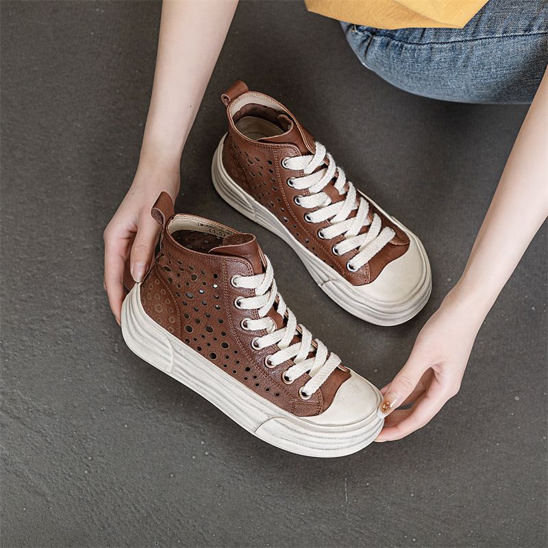 Ccvv2023 Zomer Nieuwe Leren Gat Dikke Bodem Comfortabele En Veelzijdige Hoge Top Mesh Ronde Kopbord Schoenen Voor Vrouwen_voghion.com