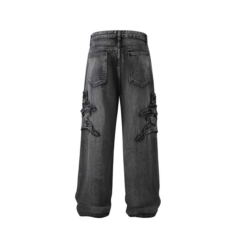 Herrkläder denim applikationer broderi rå kant tvättade distressed jeans herr high street retro byxor med vida ben_voghion.com