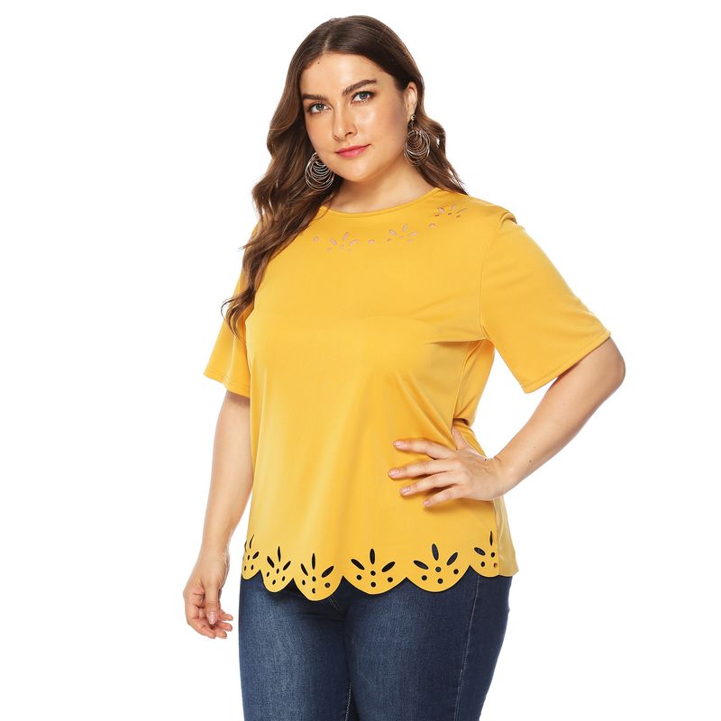 plus size women's round neck short-sleeved casual T-shirt hollow burnt flower solid color casual_voghion.com