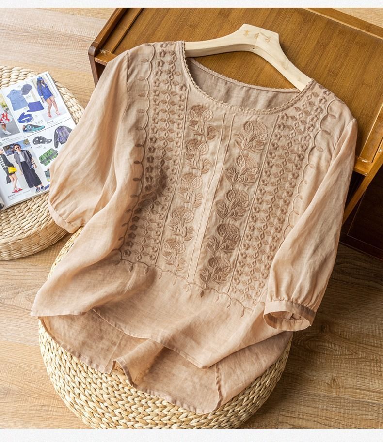Camicetta a maniche medie da donna, con ricamo, ampia, stile letterario, vintage, in cotone e lino_voghion.com