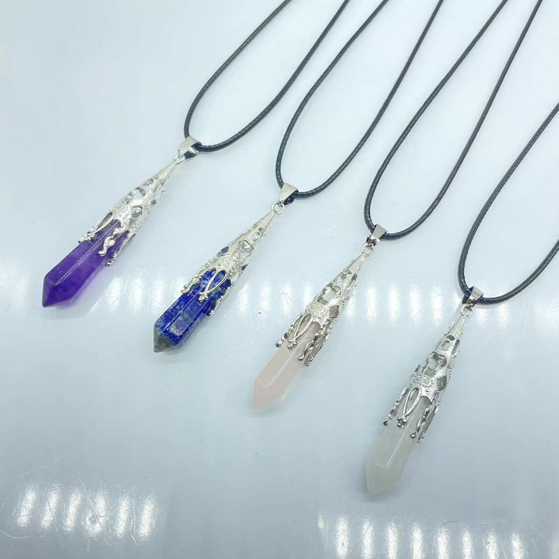 Colliers rétro bijoux cristal naturel gemme alliage pendule hexagonal Morning Glory pendentif simple pendentif collier_voghion.com