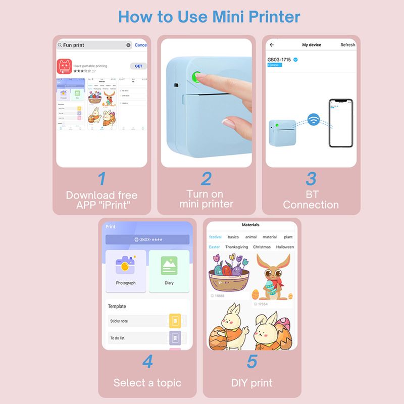 Pocket Mini Printer Draagbare Draadloze BT Thermische Foto voor iOS Android Mobiele Telefoon, Inktloos Afdrukken Cadeau Studie Notities Label Ontvangstbewijs_voghion.com