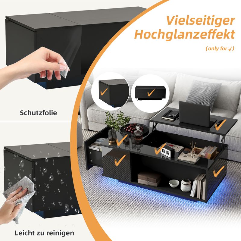 Table basse réglable en hauteur 100 x 50 x 40 cm avec rangement dissimulé, éclairage LED, tiroir, table d'appoint de salon, noire_voghion.com
