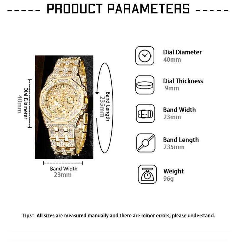 Men's luxury stainless steel gold bracelet, hip-hop diamond, large dial, business, quartz watch, fashionable_voghion.com