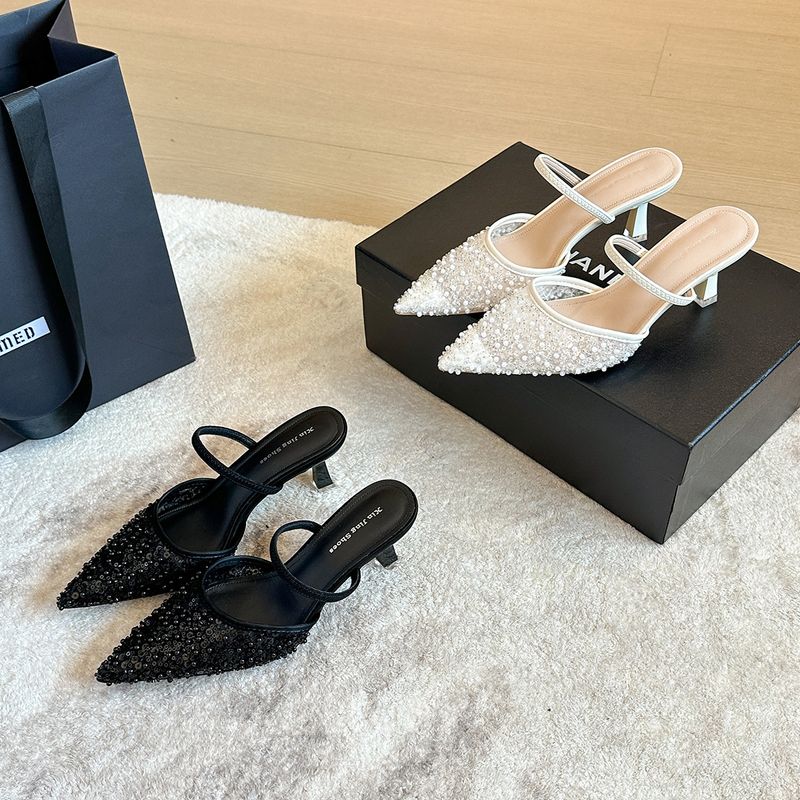 699-205 Black Sequin Evening Style High For Women Pointed Toe Shallow Mouth One Strap Single Shoes Fashionable Elegant_voghion.com