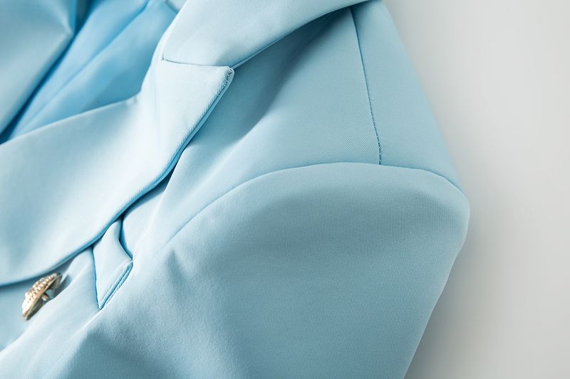 Women's Clothing New double breasted blue double breasted temperament commuter cotton suit solid color slim suit collar jacket_voghion.com