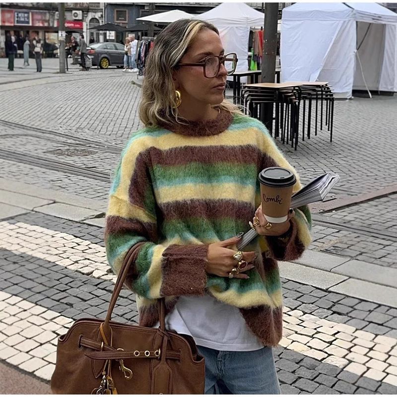 Women's Clothing Comfortable Casual Colorful Round Neck Striped Knit Sweater - Soft & Cozy Round Neck Pullover, Colorful Casual Top For Fall & Winter_voghion.com