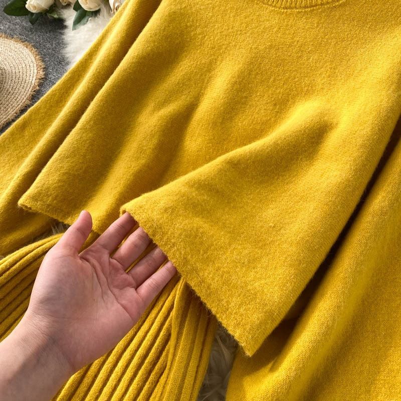 Ensemble robe en tricot à manches chauve-souris surdimensionnées – Pull décontracté à manches longues et robe midi (taille unique) – Mélange doux d'acrylique et de nylon_voghion.com