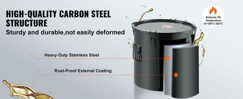 VEVOR Fryer Grease Bucket, 10 Gal Oil Disposal Caddy Stainless Steel Fryer Oil Bucket Rust-Proof Coating, Oil Transport Container With Lid, Lock Clips, Filter Bag For Hot Cooking Oil Filtering, Black_voghion.com