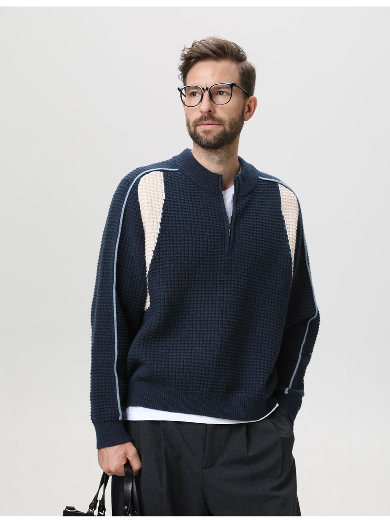 Maglione da uomo con mezza zip color-block – Pullover in maglia con trama a griglia e fodera in pile scamosciato sintetico (grigio kaki/grigio ghiaccio/blu navy)_voghion.com