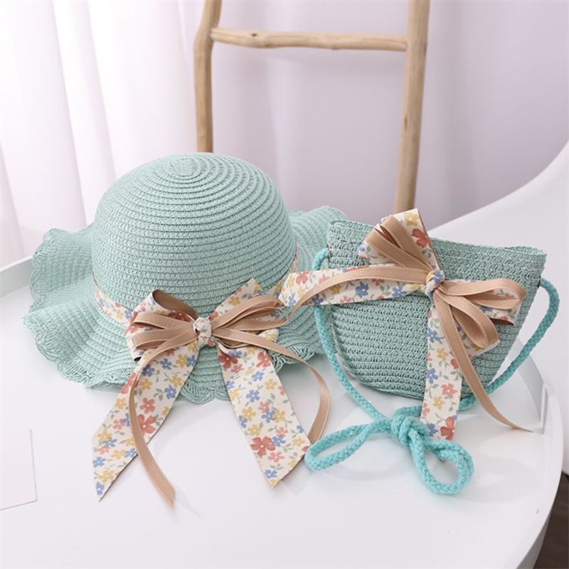 Cappelli di paglia da pescatore pieghevoli da spiaggia per bambini, protezione solare estiva da donna e set di borse_voghion.com