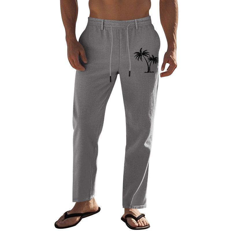 Geeignet für alle Jahreszeiten: Atmungsaktive, lockere Sporthose aus Leinen im amerikanischen Stil für Herren mit Kokosnussbaum-Print_voghion.com