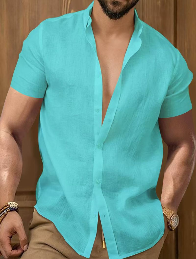 Camicia da uomo a maniche corte in cotone e lino – Top casual con scollo a V e vestibilità comoda (bianco/nero/rosso, dalla S alla XXXL)_voghion.com