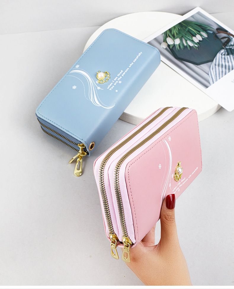 Portefeuille pour femme, porte-cartes, double fermeture éclair, long portefeuille, grande capacité, pochette de poignet, imprimé perles, sac pour téléphone portable_voghion.com