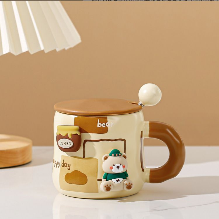Tazza con orso cartone animato Tazza in ceramica carina Tazza per amanti in ceramica color crema con tazza da ufficio con cucchiaio._voghion.com