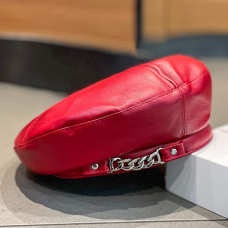 Hot Rea Kvinnor 2024 Vinter Pu Läder Kedja Barette Målare Basker Kepsar för Dam Flickor Hattar Trendig Hatt Elegant Basker_voghion.com