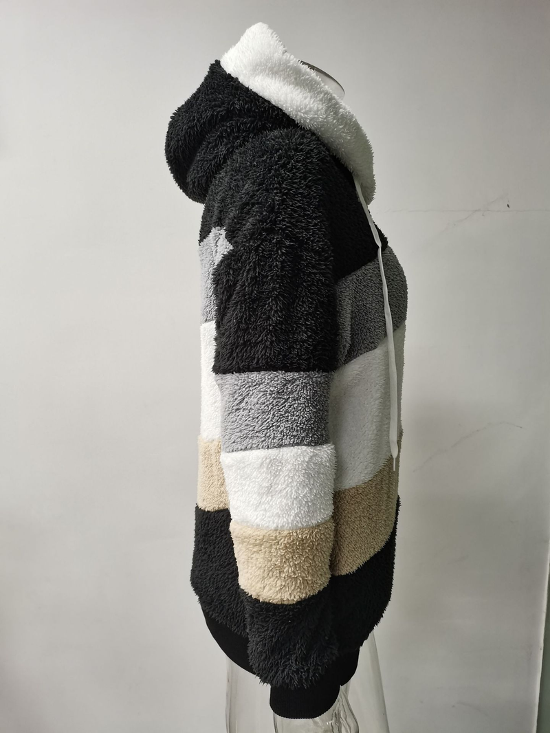 Autumn and winter warm plush patchwork zipper pocket hooded loose coat for women_voghion.com