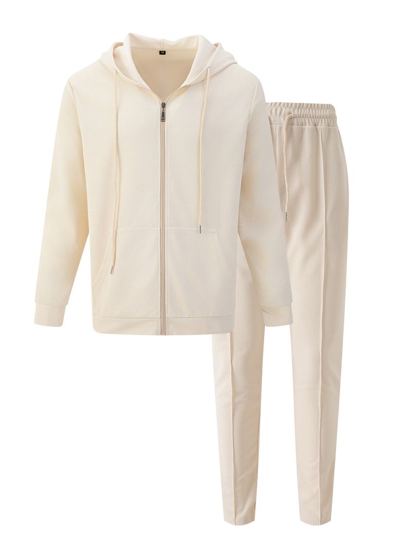 Herren Herbst Neue Waffel Kapuzentasche Strickjacke Reißverschluss Jacke Langarm Hosen Anzug_voghion.com