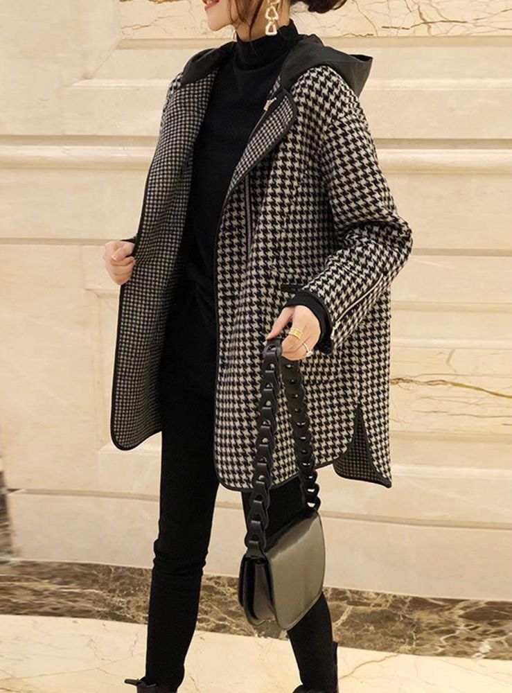 Abbigliamento da donna cappotto di lana con cappuccio pied de poule di media lunghezza cappotto di lana alla moda sottile_voghion.com