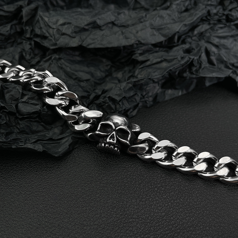 Bracciale in acciaio al titanio versatile, stile punk, alla moda, con catena cubana, teschio da strada, accessori, personalità, gioielli da uomo_voghion.com