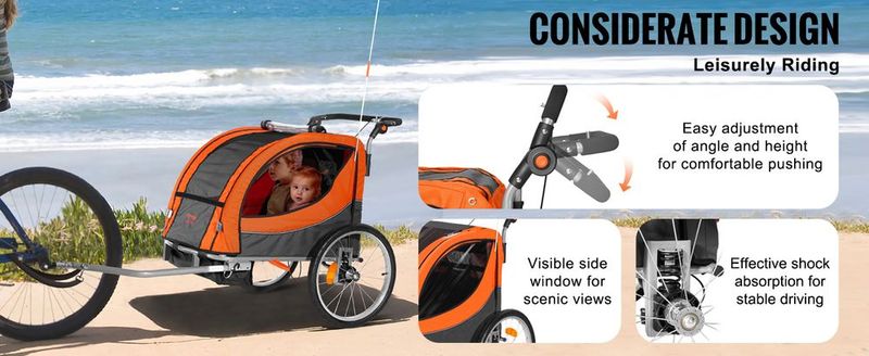 VEVOR Bike Trailer For Toddlers, Kids, Double Seat, 100 Lbs Load, 2-In-1 Canopy Carrier Converts To Stroller, Tow Behind Foldable Child Bicycle Trailer With Universal Bicycle Coupler, Orange And Gray_voghion.com