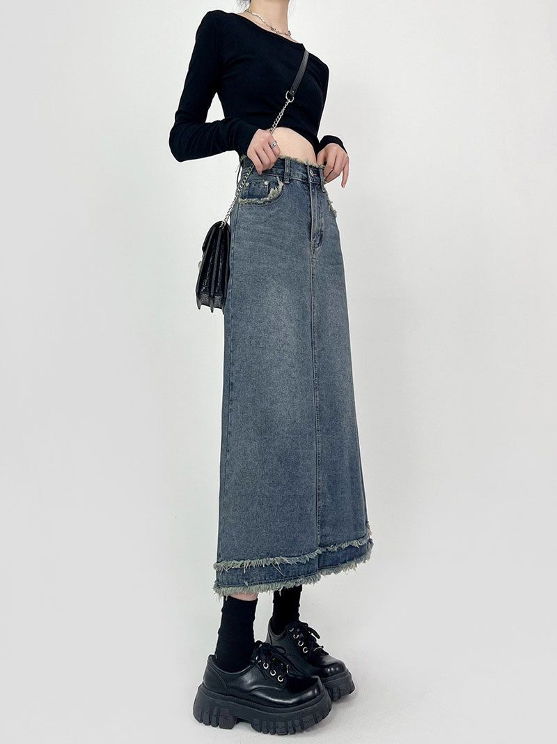 Robuuste denim voor vrouwen met een zomers Instagram-stijlgevoel, een hoge taille halfrok, A-lijn omwikkelde billen_voghion.com