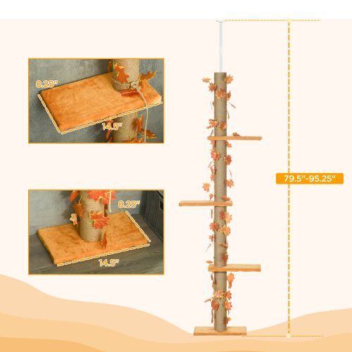 Pawhut Floor To Ceiling Cat Tree, 80" - 95" Adjustable Tall Cat Tower, 3-Level Cat Climbing Towe For Indoor Cats With Sisal Scratching Post, Platforms, Leaves, Orange_voghion.com