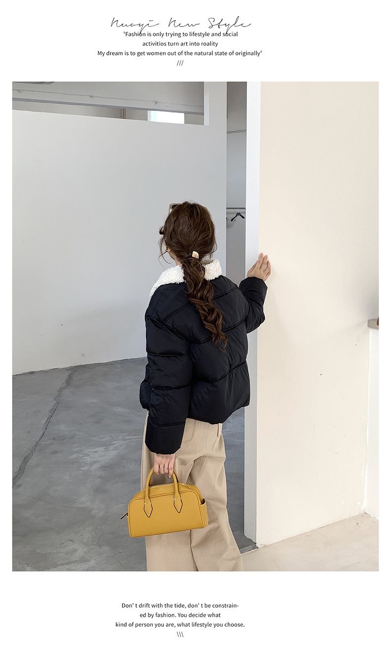 Cropped Sherpa-Lined Puffer Jacket – Korean Streetwear Belted Coat (4 Soft-Toned Colors, Lightweight Quilted Polyester)_voghion.com