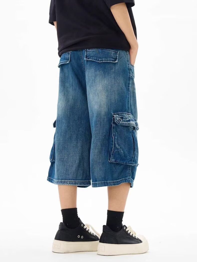 Summer New American Style Loose Fit Three-Dimensional Pocket Capri Pants Unisex Cargo Denim Shorts Versatile Slimming_voghion.com