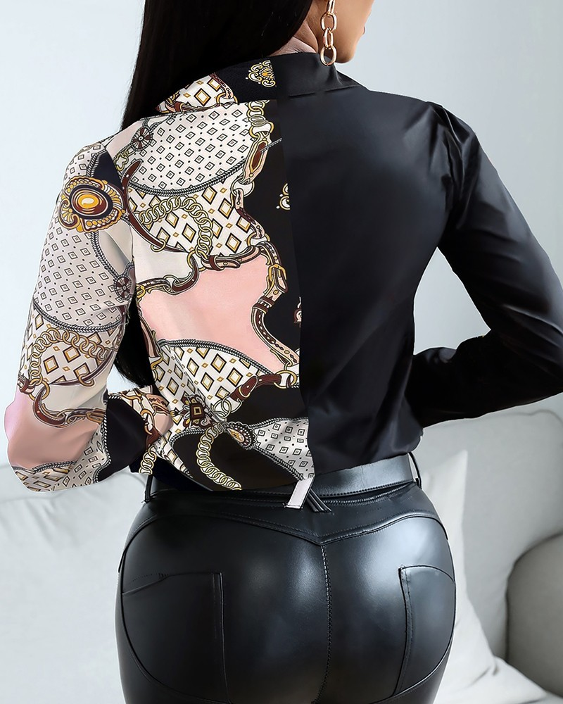 Camicie e top da donna in stile retrò color block a maniche lunghe con scollo a V autunno e inverno_voghion.com