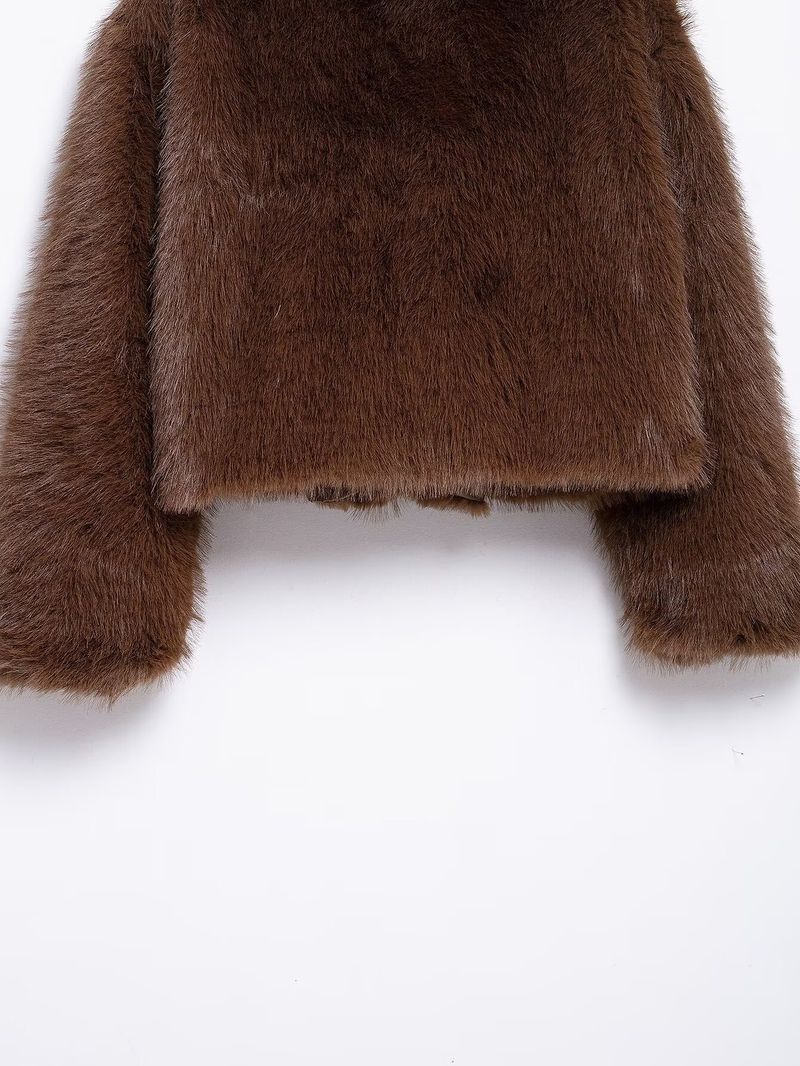 Cappotto in pelliccia sintetica da donna, stile primaverile, oversize, stile streetwear, con tasche, colletto con revers, capospalla in poliestere per outfit casual (marrone, XS/S/M/L)_voghion.com