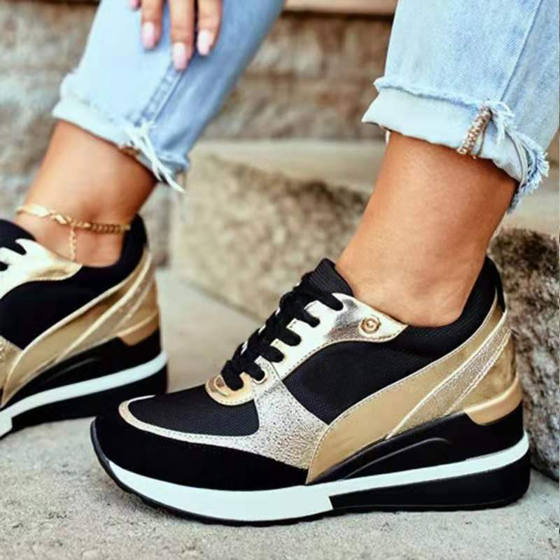 Large Size Round Toe, Low Top, Women's Travel Front Tie Up, Sloping Heel, Sports Color Matching Single Shoes, Women_voghion.com
