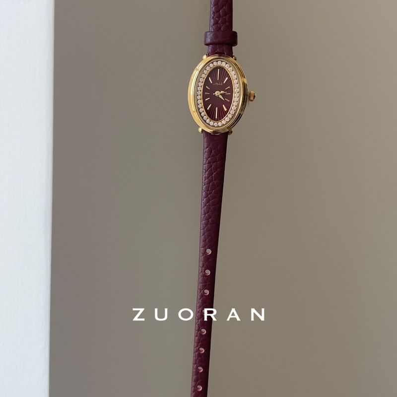 Women's Fashion Watch With Small Oval Dial With Leather And Diamonds_voghion.com