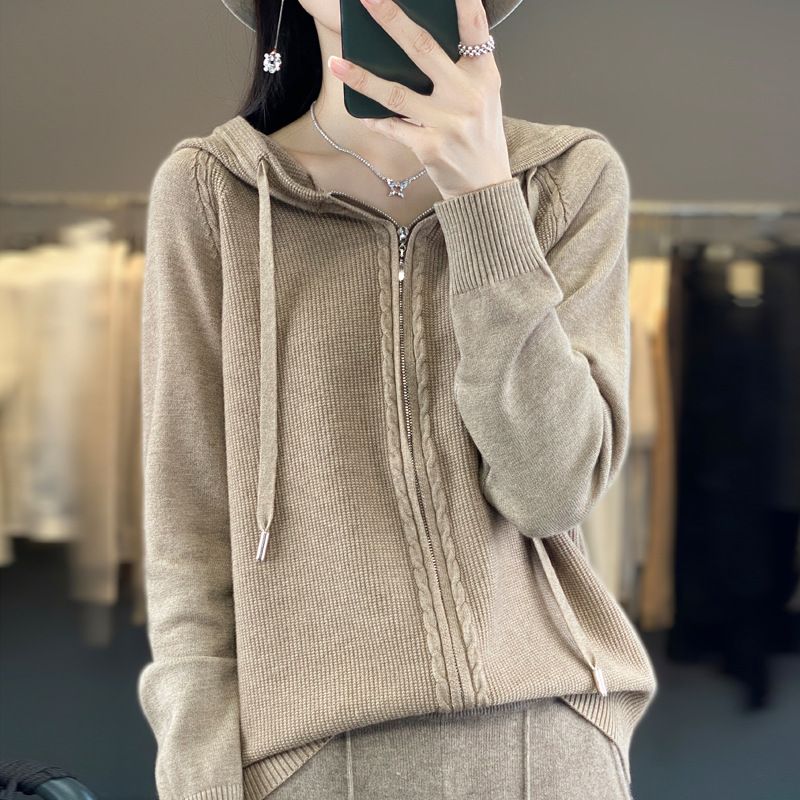 Double Zipper Knitted Cardigan Women's Hooded Sweater Autumn Winter New Loose Casual Solid Color Versatile Coat_voghion.com