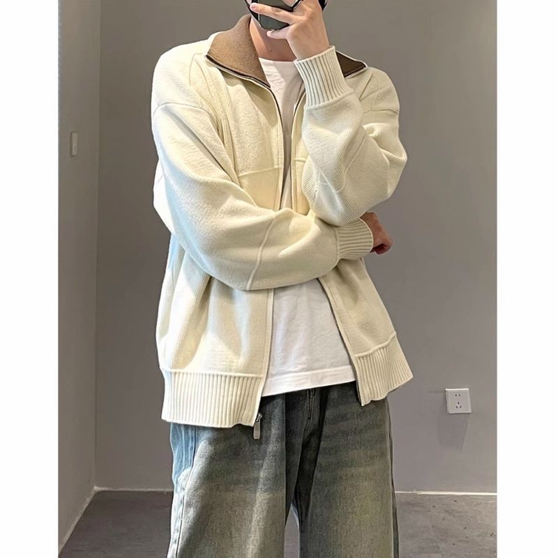 Cardigan d'hiver zippé pour homme – Veste à revers en tricot épais, doublure polaire chaude, style décontracté (bleu marine/abricot, M-3XL)_voghion.com