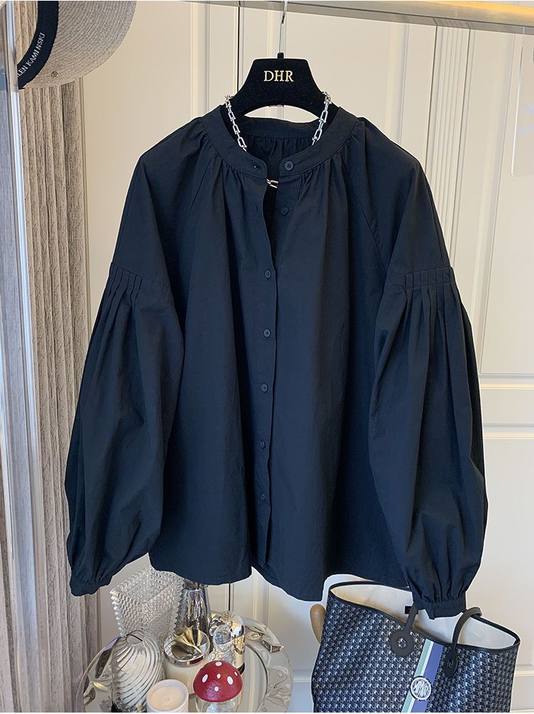 Camicia a maniche lunghe a sbuffo retrò con pieghe da donna e scollo a V_voghion.com