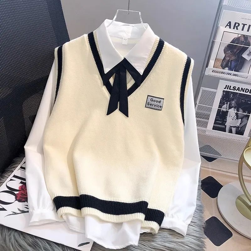 College style knitted for women in autumn and winter, layered on to, loose shoulder V-neck sleeveless sweater, vest_voghion.com