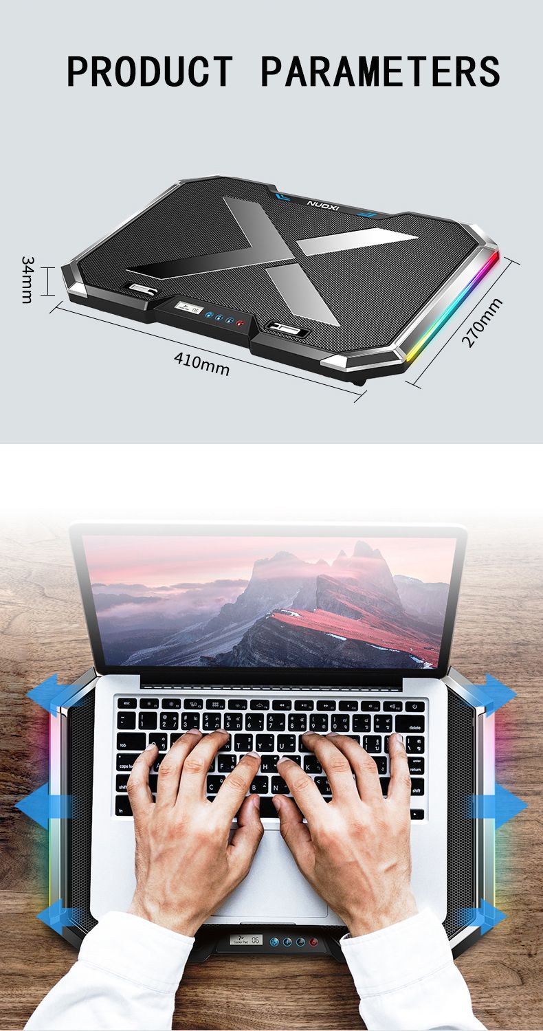 NUOXI Gaming Cooler Six Fan Led Screen Two USB Port RGB Lighting Cooling Pad Notebook Stand For Laptop 12-17 Inch_voghion.com