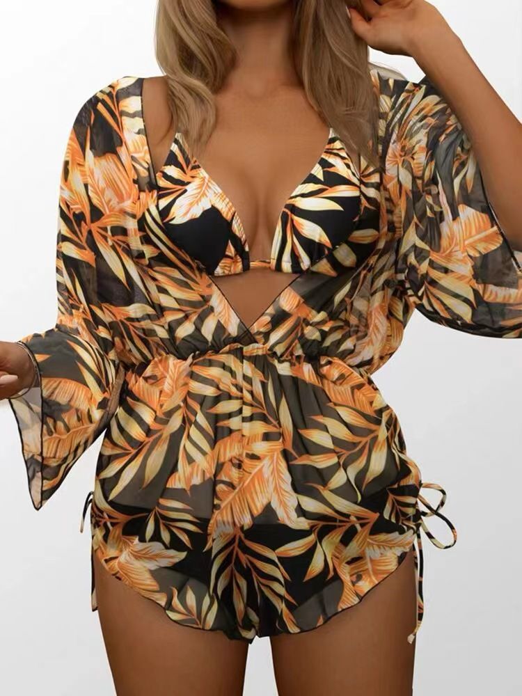 Verve 2025 Long Sleeve Three-Piece Set Mesh Waist Drawstring Printed Two-Piece Bikini Swimsuit For Women_voghion.com