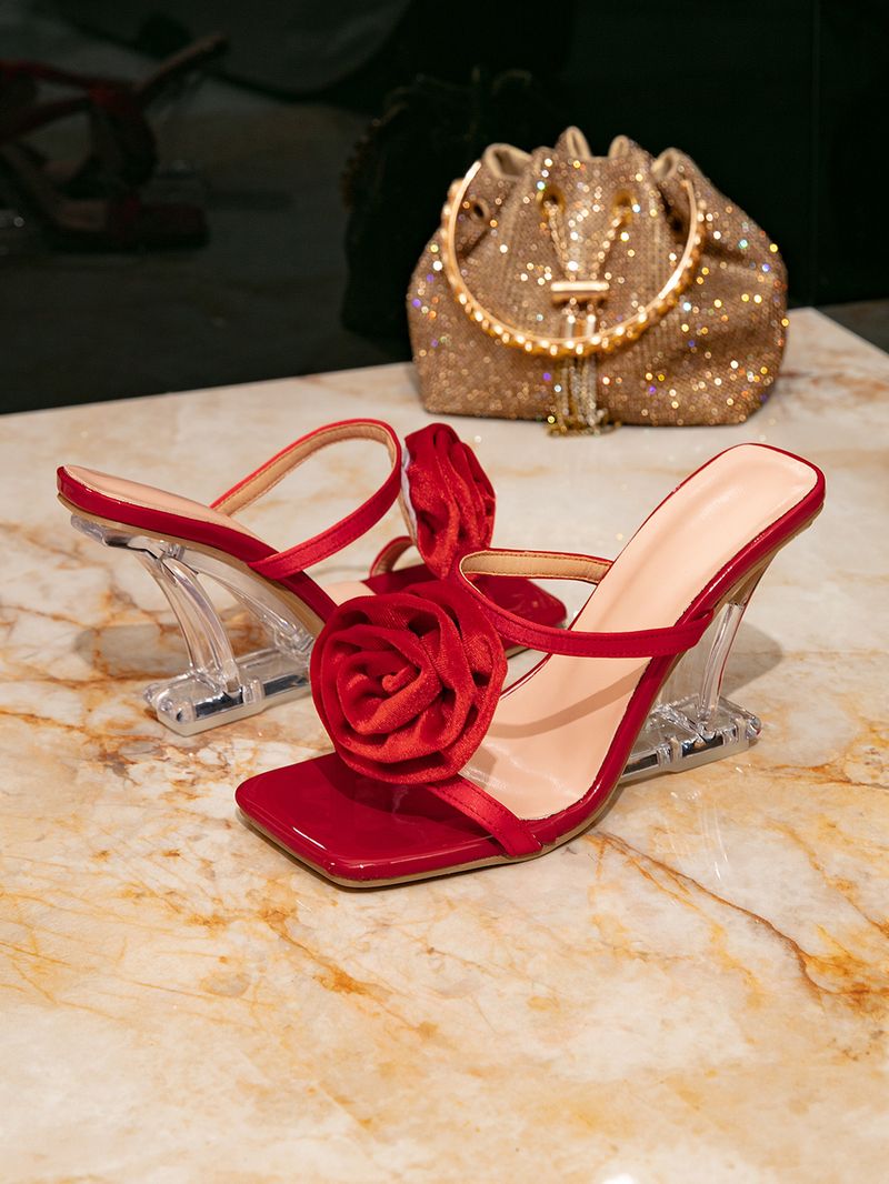 Rote High Heel-Sandalen für Damen mit Rosen-Design, quadratische Zehenpartie, Slip-On, Sommermode_voghion.com