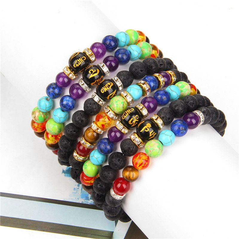 Shuosbai Yoga Colorful Volcanic Geometrical Shape Handmade Eye-catching Anxiety 7 Heag Stone Bracelet_voghion.com
