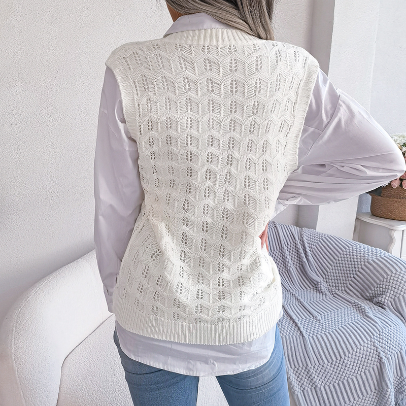2023 Autumn And Winter Solid Color Hollow Wave V-neck Knitted Vest Sweater Women's Fashion_voghion.com
