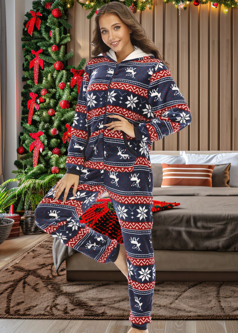women's Christmas deer snowflake flannel hooded jumpsuit pajamas home clothes_voghion.com