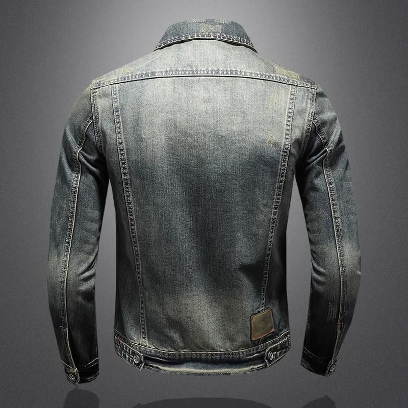 Giacca in denim retrò con revers rovinati, nuova di zecca, da uomo, vestibilità slim, versatile e di alta qualità._voghion.com